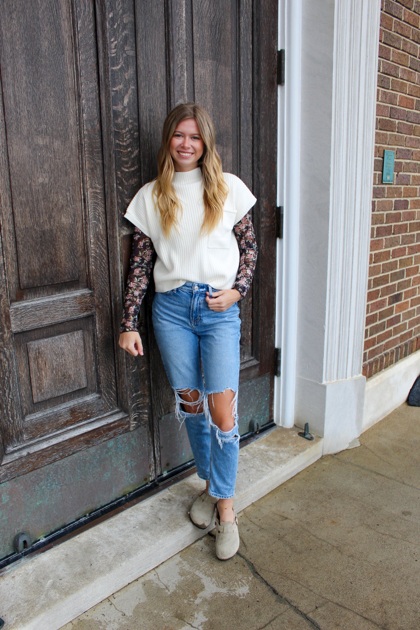Cream Sweater Vest with Pocket