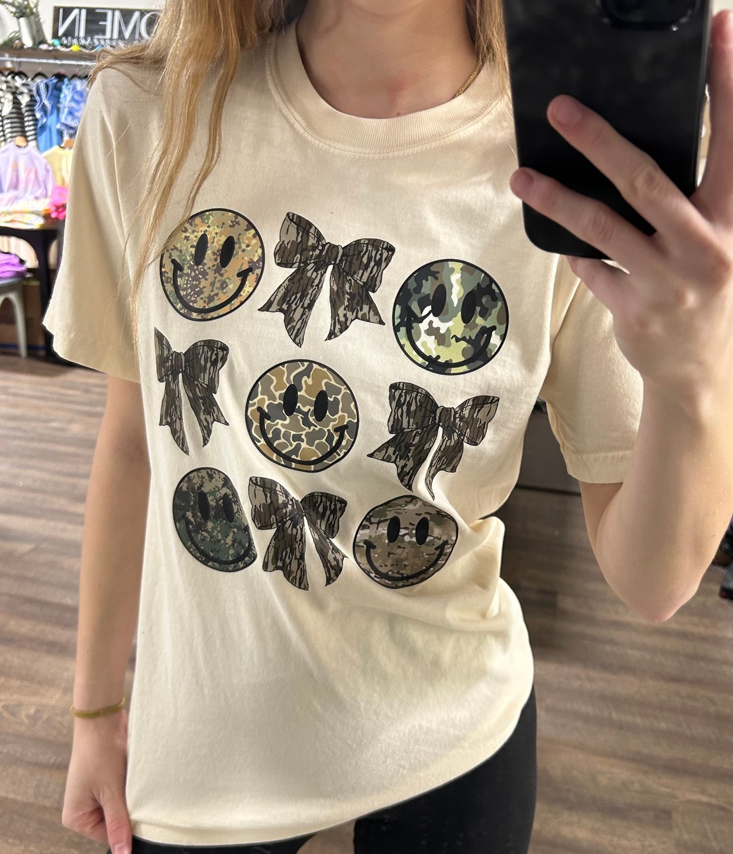 Camo Bows and Smiley’s Graphic