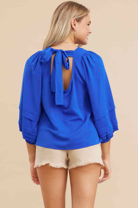 Bubble Sleeve Royal Blue Top with Bow