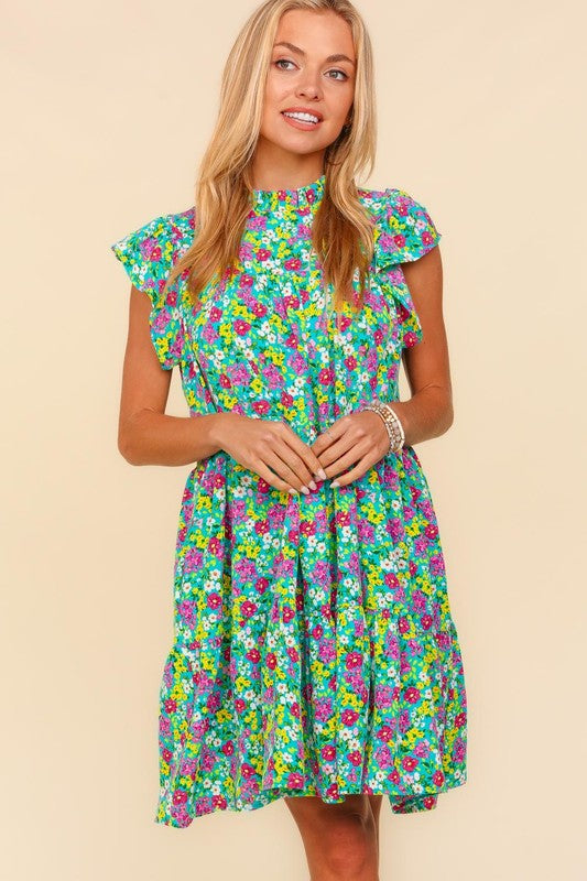 Frilled Mock Neck Ditzy Floral Woven Dress