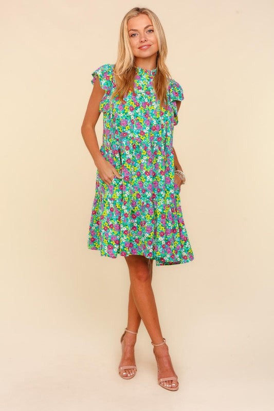 Frilled Mock Neck Ditzy Floral Woven Dress