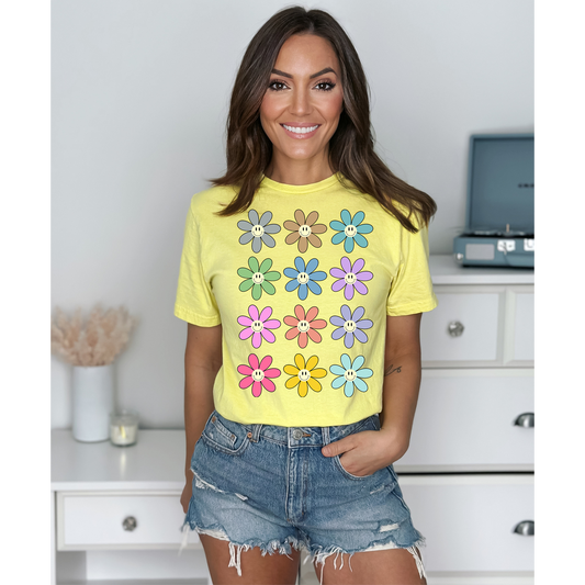 Colorful Flowers with Smiley Faces - Neon Yellow Tee