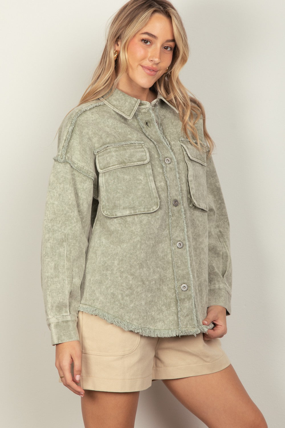 Olive Distressed Shacket