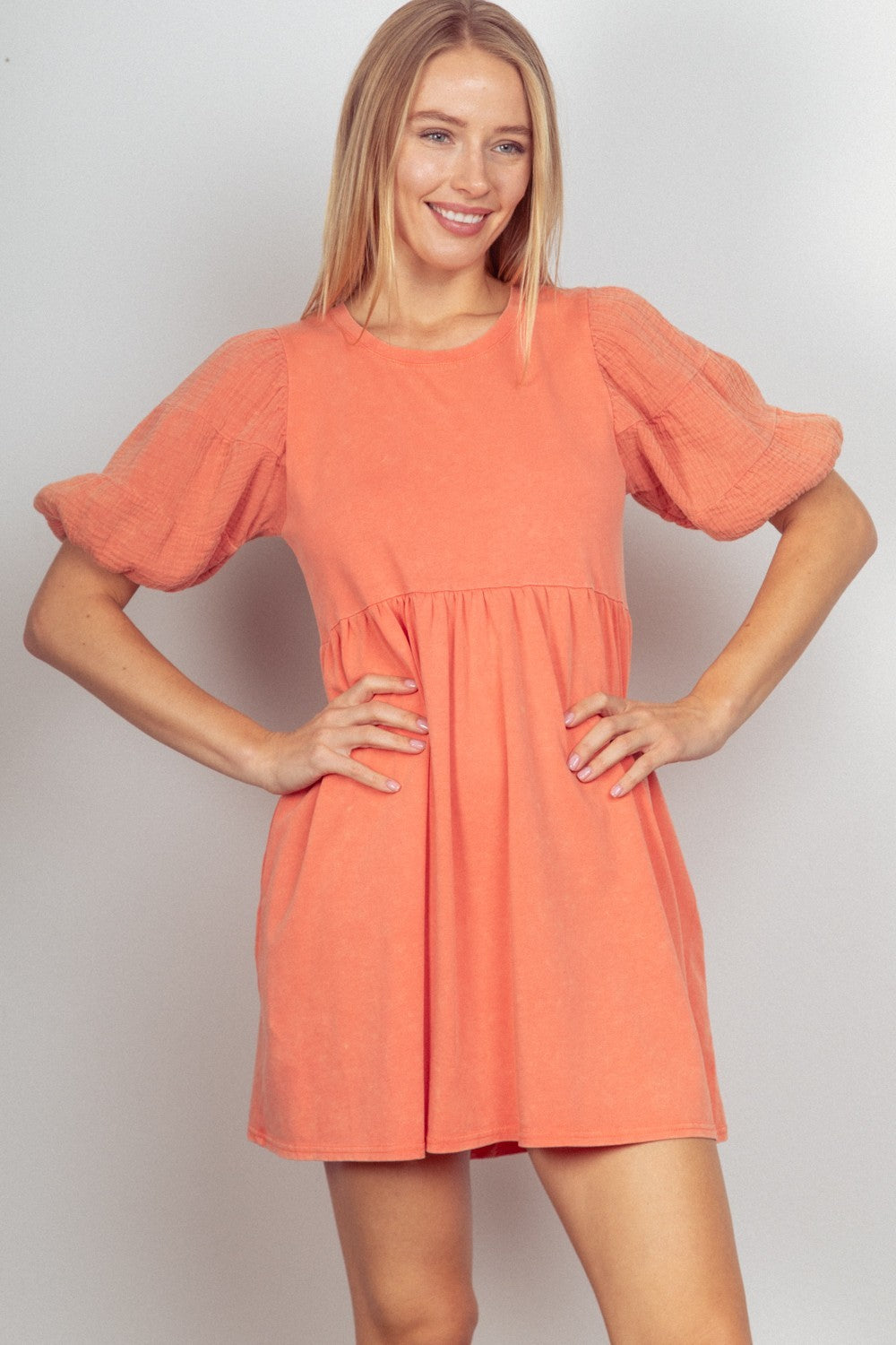 Comfy Coral Puff Sleeve Dress with Pockets